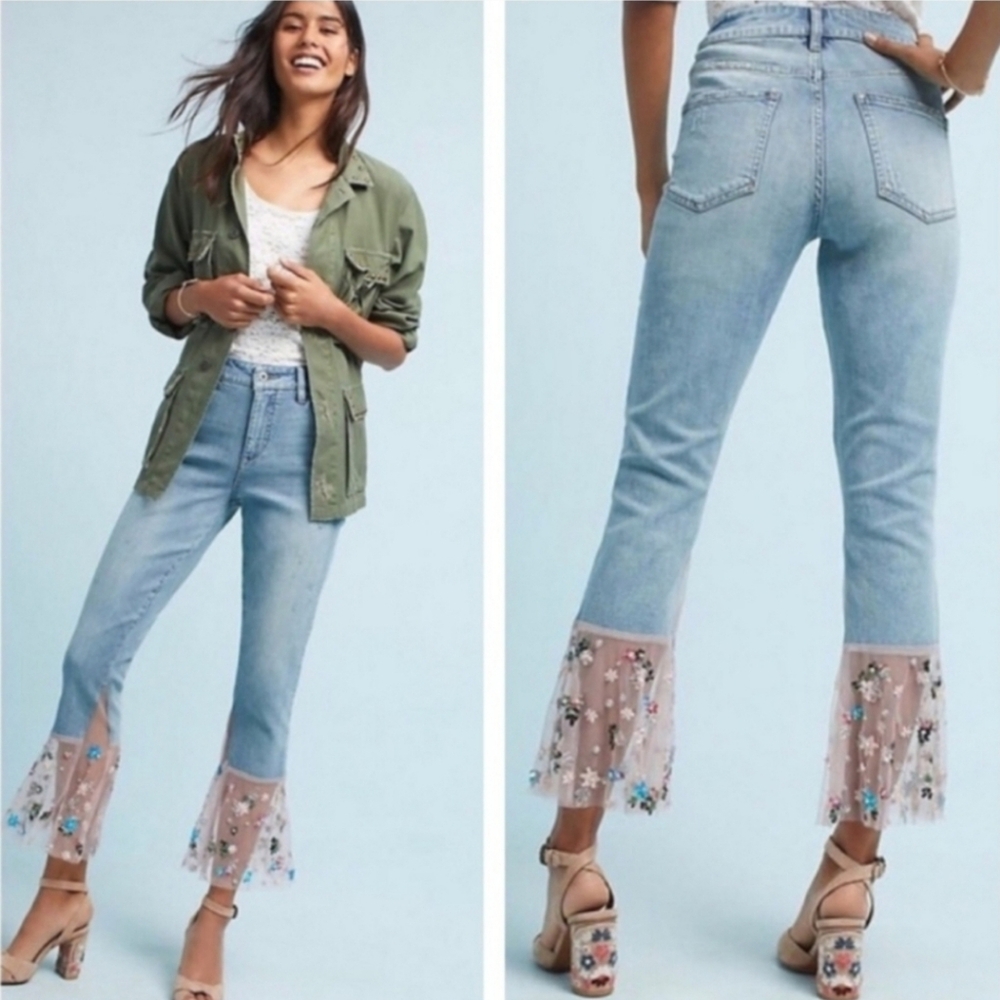 Anthropologie Pilcro Pink Embellished Flare Jeans Size 31